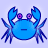 Pixelated blue crab with pink eyes and white pupils, flat expression, eight legs on light purple background.