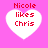 Four white heart shapes on a pink background with red text reading "Nicole likes Chris" inside each heart.