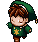 Pixel art character in green tunic with yellow star, green hat with white stripe, brown hair, and brown boots, shown in two poses against gray background.
