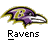 Pixelated Baltimore Ravens logo with purple and yellow colors, white beak, red 'Instant Icons' text, black 'Ravens .com' text on gray background.