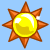 Animated contact sheet of 16 sun-shaped icons arranged in a 4x4 grid, each with orange rays and yellow center showing sequential sparkles on blue background.