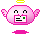 Pixelated pink angel with yellow halo holds white card showing two black lines and green square, wings spread in first frame then folded inward
