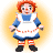 Pixelated character with red hair, blue dress, white apron with orange stitching, striped socks, and black shoes against a yellow gradient background.