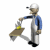 Animated sequence of a figure in blue and white overalls holding a yellow cloth, performing cleaning actions with a brown table.
