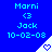 Blue background displays repeated text entries with 'Marni', 'Jack', and date '10-02-08', each with a white triangular icon containing a heart symbol.