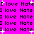 A static image displays repeating text "I love Hate" in black pixelated font on a bright pink background with scattered white starbursts.