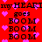 Red background with repeated text 'my HEART goes BOOM' and pink heart shapes, animated with heart shapes moving across the screen.