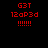 Red pixelated text on black background with four identical showing G3T, 12aP3d, and six exclamation marks
