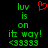Green pixelated text 'luv is on itz way!' with a red heart symbol above the right side of the text, all against a black background.