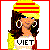 Pixelated static icon of a cartoon woman with long dark hair wearing a yellow and red striped beanie, large hoop earrings, and a white crop top with "VIET" text against a solid background.