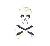 A grayscale animated icon shows a skull and crossbones transforming into stacked stone blocks, then back to the original pose.