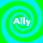 Four identical spiral patterns with alternating green and cyan rings, each containing the text 'Ally' in white pixelated font.