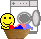 Yellow smiley face character with brown basket and washing machine background, showing laundry sequence animation.