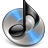 A circular icon features a black musical eighth note overlaid on a silver and blue gradient disc with pixelated edges.