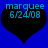 Two identical pixelated heart-shaped icons with blue text 'marquee 6/24/08' on a solid blue background.