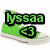 Green high-top sneakers with white laces and soles, one displaying 'lyssaa <3' text in green pixelated font on black background.