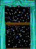 Two vertical with teal frames and black backgrounds show falling white particles, each containing two horizontal brown bands