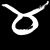 White stylized symbol on black background with curved lines forming a loop and two diagonal arms extending upward.
