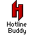 Red pixelated 'H' symbol above black-and-white pixelated text reading 'Hotline Buddy' on gray background.