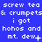 Blue background with white pixelated text repeating 'screw tea & crumpets', 'i got', 'hohos and hohos and hohos and', and 'mt. dew' with punctuation variations.
