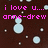 Pixelated image with dark brown background, light blue circular shapes, and pink text reading 'i love u.... anne-drew' on left side.
