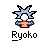 Pixel art icon of a character with spiky light blue hair, white face, and red-and-blue outfit on gray background.