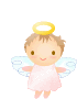 Pixelated angel icon with golden halo, light blue wings, and pink dress showing subtle text details.