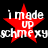 Red star with white text 'i made up' above 'schmexyschmexy' on black background, two identical static frames shown side-by-side.