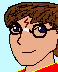 Pixelated cartoon character with brown hair, round glasses, and a red shirt displays changing facial props against light blue background.