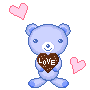 Two pixelated blue teddy bears holding heart-shaped chocolate bars with 'LOVE' text, surrounded by floating pink hearts on a gray background.