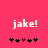 Pixelated text 'jake!' in white on bright pink background with five black and one dark red asterisk-like symbols below.