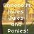 Pixelated image with white text reading "Phoebe.M. loves Jules and Ponies!" over a background of yellow trees, green grass, and dark vertical elements.