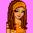 Pixelated character with long brown hair and blue eyes wearing an orange top against a pink background, next to text reading 'court hoxes cutie !!!!!!!'