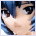 Anime-style character with blue hair and brown eyes, transitioning from neutral expression to smiling while emitting white smoke-like effects from the mouth area.