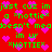 Red background with green pixelated text and pink heart shapes scattered throughout, repeating phrases and symbols.