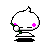 Pixelated white character with pink cheek marks, green stem-like appendages, and black shadow base; blue bubbles appear in sequence.
