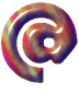 A glossy, multi-colored @ symbol with swirling red, blue, and green hues on a gray background.
