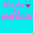 Pixelated text 'Nicole is AWESOME' in pink on cyan background with four distinct animation states showing different heart and starburst symbols.