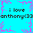 Pixelated cyan background with pink snowflake-like borders and repeated black text reading 'i love anthony<33' in two
