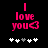 Pixelated pink text "I love you" with a heart symbol, above five white and gray plus signs on a black background.