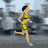 Animated sequence of a woman in yellow athletic wear running across a rocky background, shown from side view with motion progression.