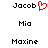 Pixelated text names with a red heart symbol next to Jacob on the left side of a