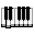 Six pixelated piano keyboard frames arranged in two of three, each showing distinct key configurations with black and white keys on a gray background