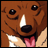 Pixelated brown dog face with black eyes, white fang, black nose, pink tongue, and light-colored collar against brown background