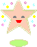 A pink star-shaped character with black eyes and red mouth floats above a green cloud, surrounded by yellow stars and blue/pink sparkles on gray background.