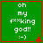 Green square with red border displays white text 'oh my f***king god!! :)' and a small red pixelated symbol at bottom right corner.