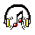 Pixel art avatar with headphones, musical notes, and red accents in four animated states showing movement of particles and note positions.