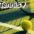 Pixelated image with 'Tennis' text and a black heart symbol over abstract green, yellow, and blue background shapes.