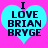 Two identical pixelated heart-shaped icons with cyan fill and black text reading "I LOVE BRIAN BRYGE" on a bright pink background.
