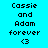 Pixelated text on cyan background with red highlight changes across three , displaying 'Cassie and Adam forever <3' in black pixel font